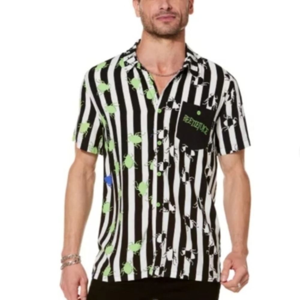 Beetlejuice Black and White Striped Shirt with Green and Purple Accents